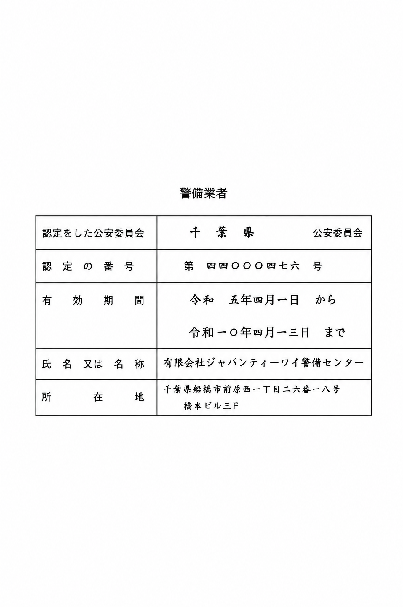 警備業認定証